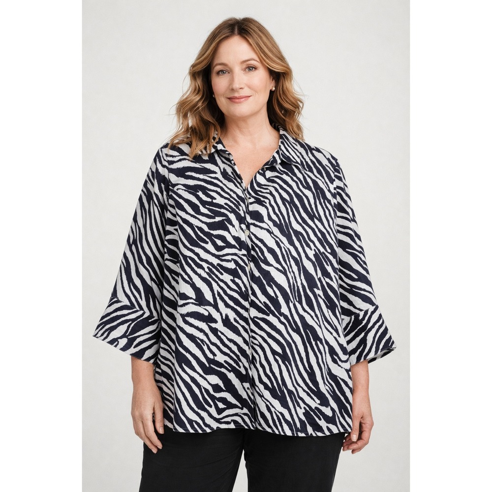 Chico's Zebra Print No Iron Linen Shirt Women Size 16 XL Black White 3/4 Sleeve